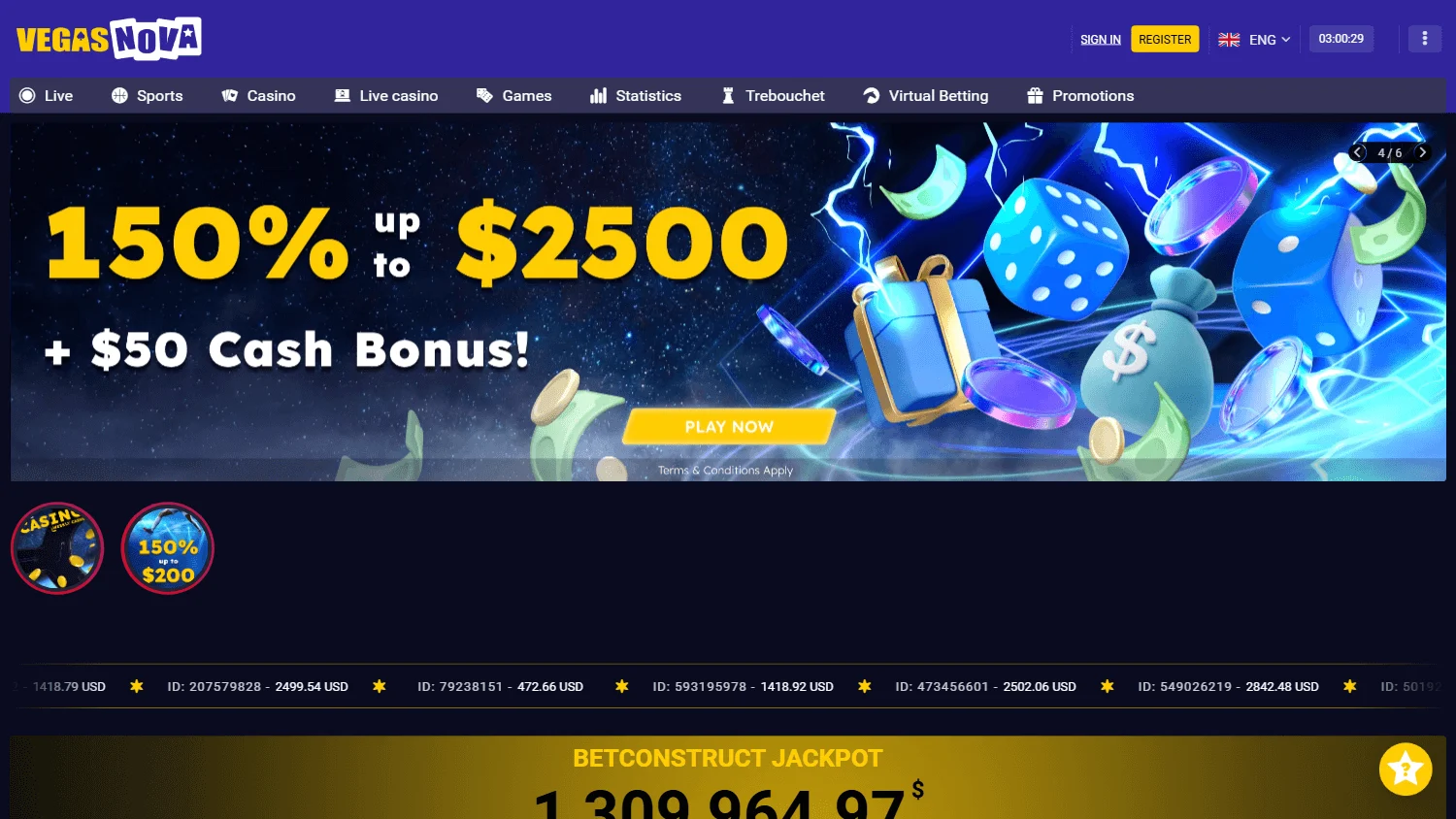 Vegas Nova Casino desktop home screen with casino promotions and navigation