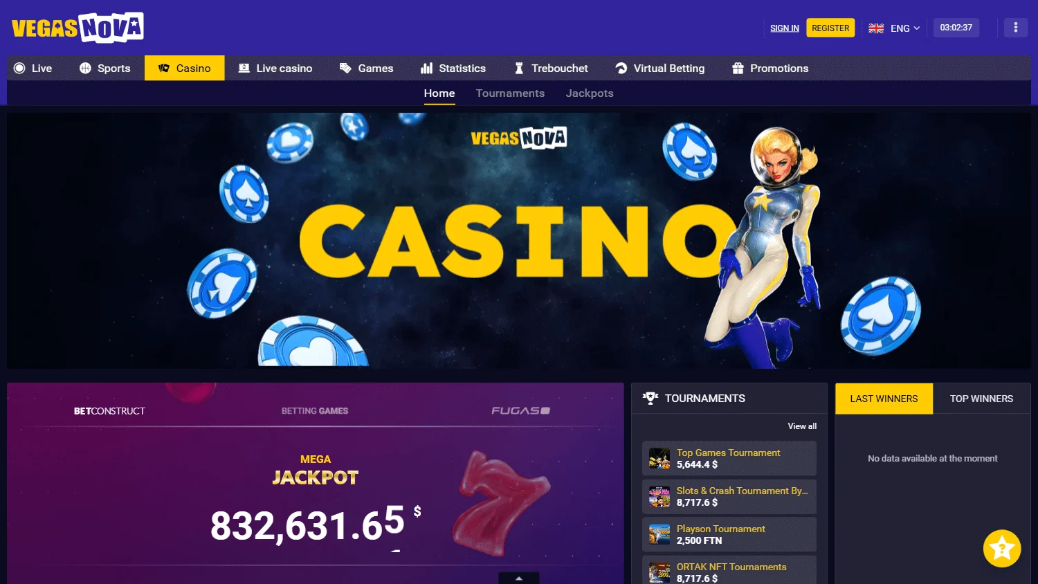 Vegas Nova Casino desktop games area with casino categories and titles